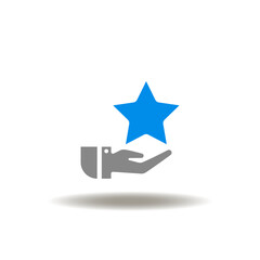 Obraz premium Vector illustration of hand give or hold star. Icon of assessment, rating, feedback. Symbol of extra bonus, reward, gift.