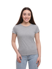 Fototapeta premium Woman wearing stylish gray T-shirt on white background