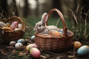Ester Bunny in Easter Basket with Easter Eggs in the Garden
