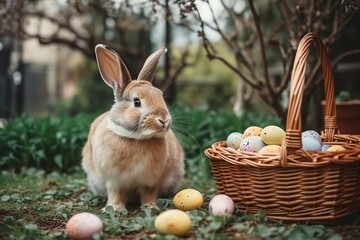 Ester Bunny Near Basket with Easter Eggs in the Garden