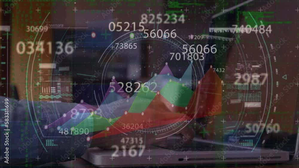 Poster animation of scope, data processing over caucasian businessman using laptop