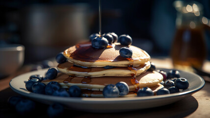Blueberry Bliss: A Mouthwatering Stack of Pancakes with Warm Syrup and Fresh Fruit.