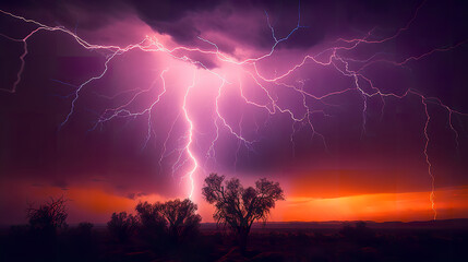 Thunderstorm. Lightning strikes in a field.