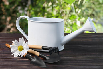 Watering can, flower and gardening tools on wooden table outdoors