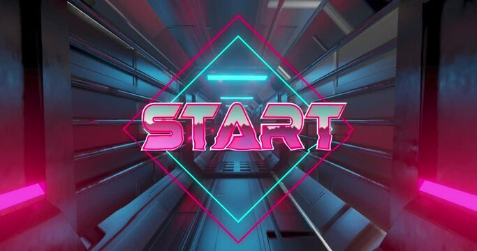 Animation of start text over neon lines and tunnel