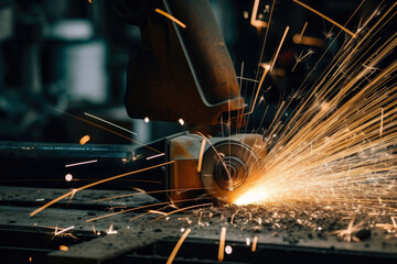 A close-up of sparks flying from welding equipment in a factory workshop, generative ai