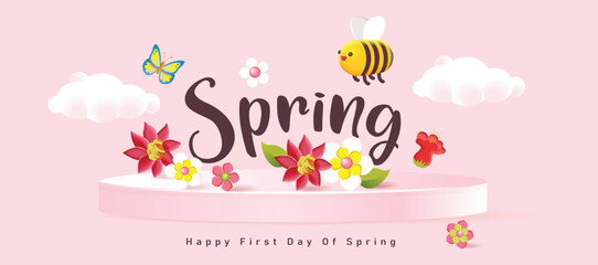 Spring day banner background with colorful flower, bee, butterfly and text design on podium display