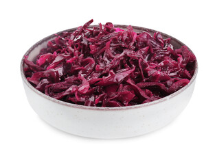 Bowl of tasty red cabbage sauerkraut isolated on white