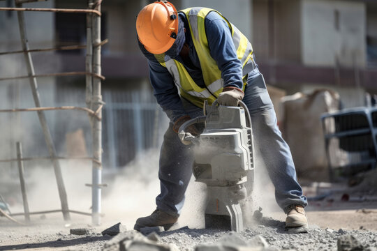 A Construction Worker Using a Jackhammer to Break Concrete in a Demolition Site, generative ai