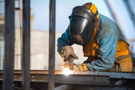 A Construction Worker Welding Reinforcements on a Steel Structure, generative ai