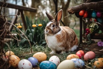 Easter bunny with Easter eggs in the garden with flowers