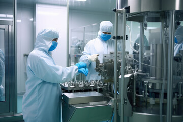 A Pharmaceutical factory with workers in protective clothing operating machines to produce medications, generative ai