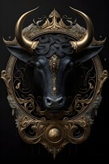 the image of the portrait of Taurus, zodiac sign, gold and black, decorated with gothic lace and precious stones, a fantasy generated by artificial intelligence