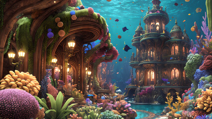 Fototapeta premium Landscape of an underwater habitat surrounded by the coral reef - AI Generated Illustration