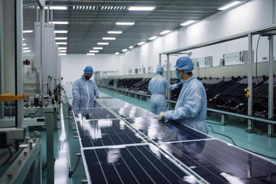A production facility for renewable energy sources with workers wearing safety gear assembling solar panels and wind turbines, generative ai