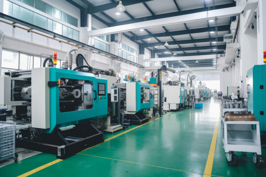 A plastic production plant with workers operating injection molding machines to manufacture plastic products, generative ai