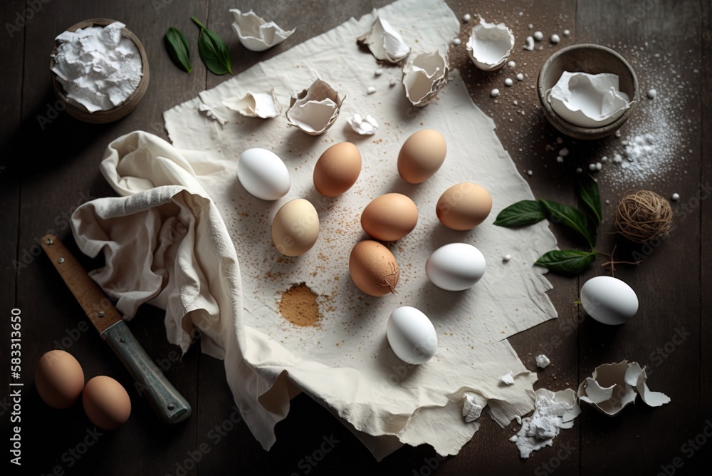 Poster wide image of eggs and eggshells on a white table cloth from a high angle generative ai