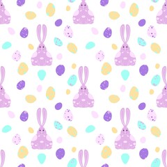 seamless pattern featuring a pink rabbit and colorful Easter eggs