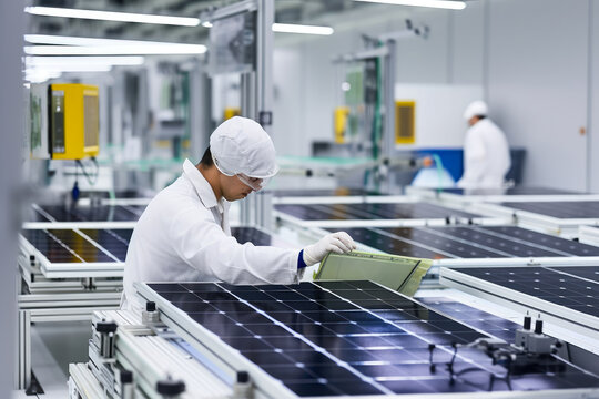 A solar panel manufacturing plant with workers assembling solar panels for renewable energy production, generative ai