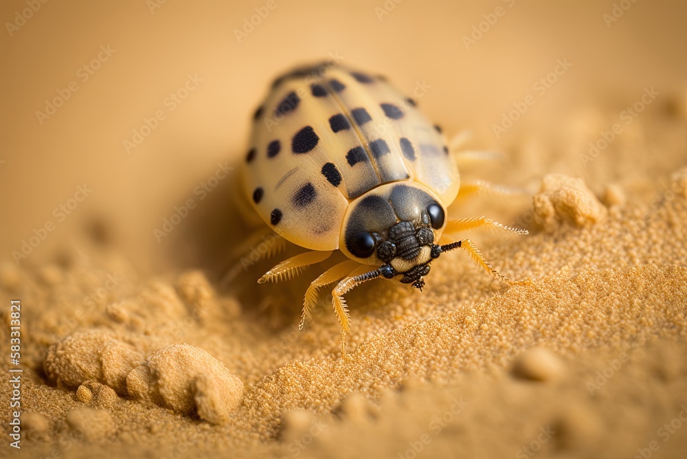 Poster macro image of a ladybug larva on a sandy surface generative ai