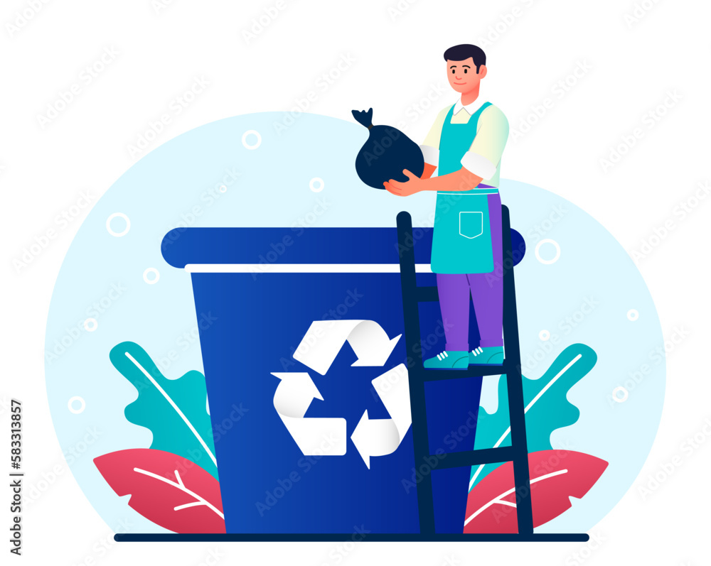 Poster man sorting garbage concept. recycling and reuse, zero waste. caring for nature and environment, sus