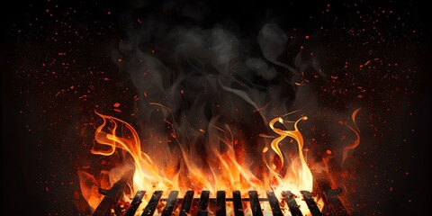 Cast iron grill barbecue grill with open fire, generative ai illustration