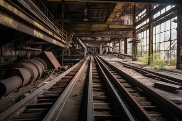 Fototapeta na wymiar Abandoned Industrial Site with Conveyor Belts and Rusty Machinery, generative ai