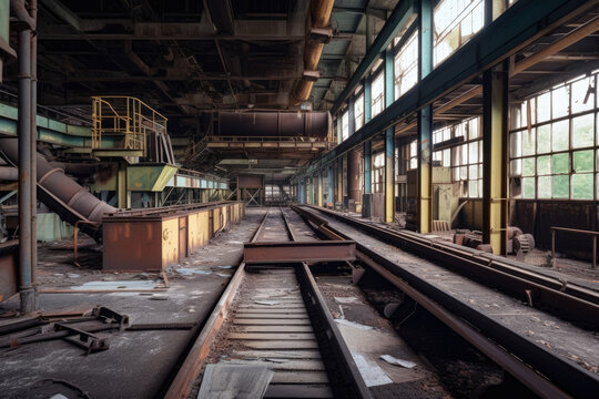 Abandoned Industrial Site with Conveyor Belts and Rusty Machinery, generative ai