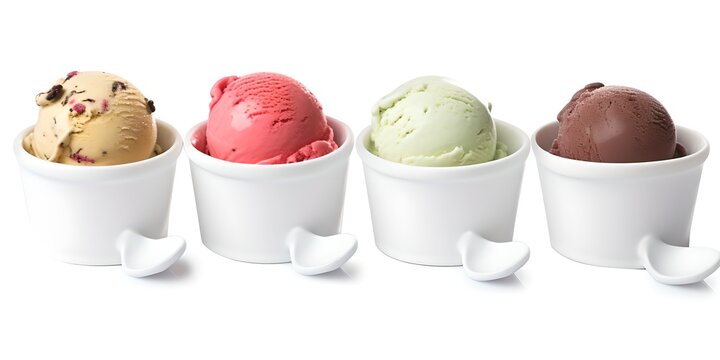 Set of ice cream or frozen yogurt in different flavors in bowls, isolated on white background, generative ai