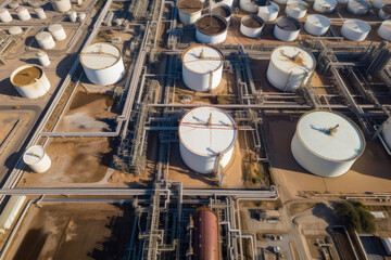 Aerial view of a large petrochemical plant with intricate pipelines and storage tanks", generative ai