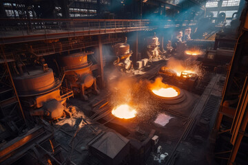 Aerial view of a massive steel mill, with molten metal being poured into molds, sparks flying, and heavy machinery at work, generative ai