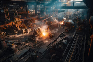 Aerial view of a massive steel mill, with molten metal being poured into molds, sparks flying, and heavy machinery at work, generative ai