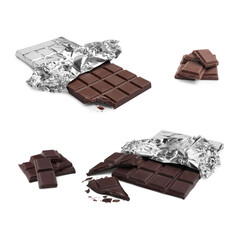 Collage with tasty broken chocolate bars on white background