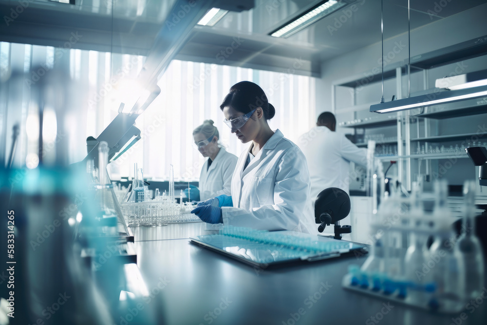 Wall mural biotechnology laboratory with scientists in lab coats conducting experiments, working with dna sampl