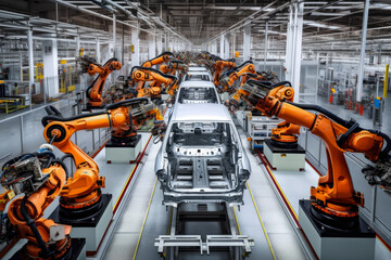 Automotive assembly line with robotic arms and workers assembling vehicles in a modern factory, generative ai