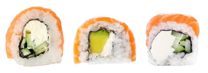 Collage with delicious sushi rolls on white background