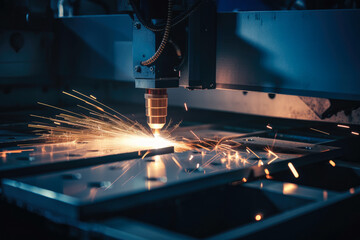 Blue Laser CNC Cutting Metal with Sparks, Modern Industrial Technology, generative ai