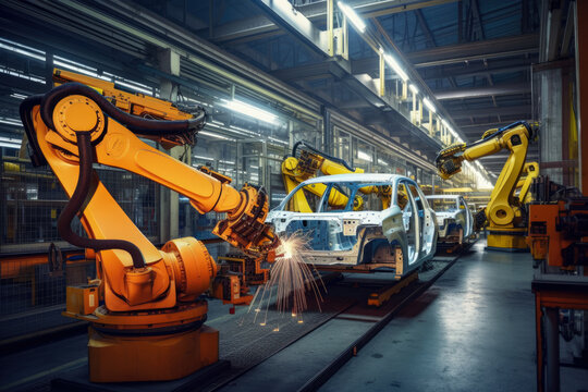 Automotive welding factory with robotic arms and workers in safety gear assembling car frames, joining body panels, generative ai