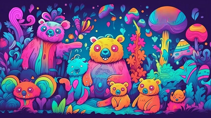 AI generated illustration Art  showing psychedelic Tigers and Bears