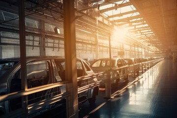 Car manufacturing assembly line illuminated by warm sunlight streaming through factory windows, generative ai