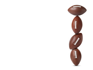 Stack of American football balls on white background. Space for text