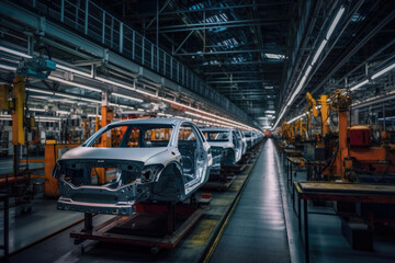 Car manufacturing plant at dusk, warm light accentuating the intricate machinery and assembly line, generative ai