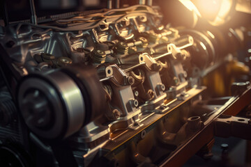 Fototapeta na wymiar Cinematic shot of a car engine assembly in warm light, showcasing the complexity and precision of the process, generative ai