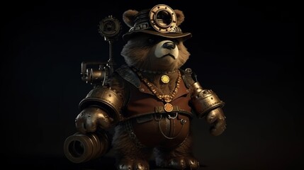Fototapeta premium A Bear dressed in Steampunk style with gears and cogs, goggles, and Victorian clothing. digital art illustration, Generative AI