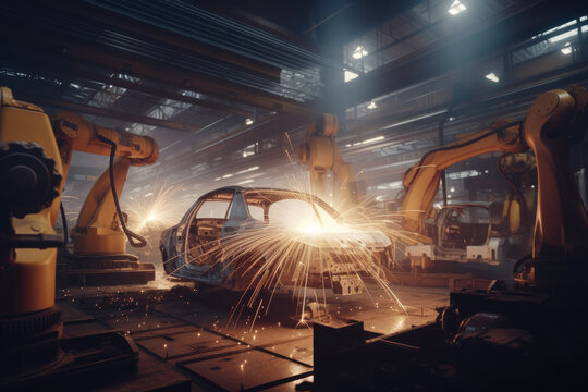 Cinematic View Of A Car Manufacturing Plant, With Sparks Flying From Welding Robots And Warm Lighting, Generative Ai