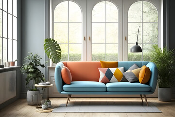 Beautiful modern room interior. bright and tidy style. A sofa next to a huge window with a wall in the backdrop
