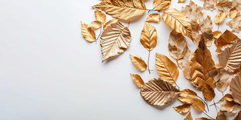 Golden leaves isolated on white, banner background, Generative AI
