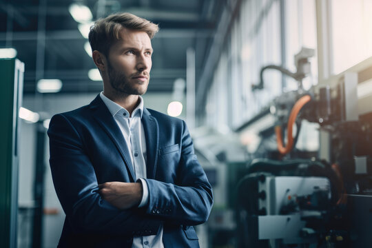 Confident businessman standing against a backdrop of advanced machinery in a manufacturing facility, contemplating his next move, generative ai