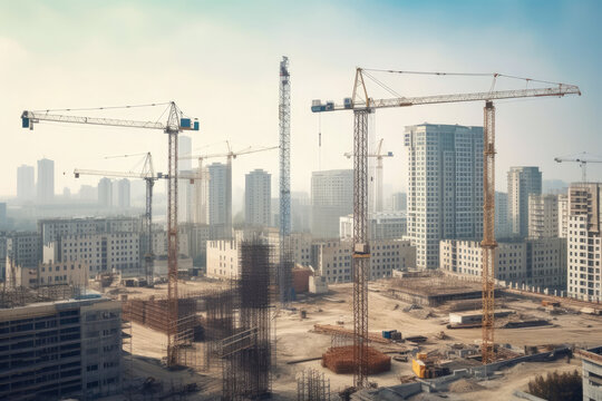 Construction site with cranes and workers building a skyscraper, transforming the city skyline, generative ai