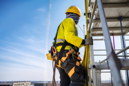 Construction worker wearing a safety harness and climbing a tower crane ladder at a high-rise building site, generative ai